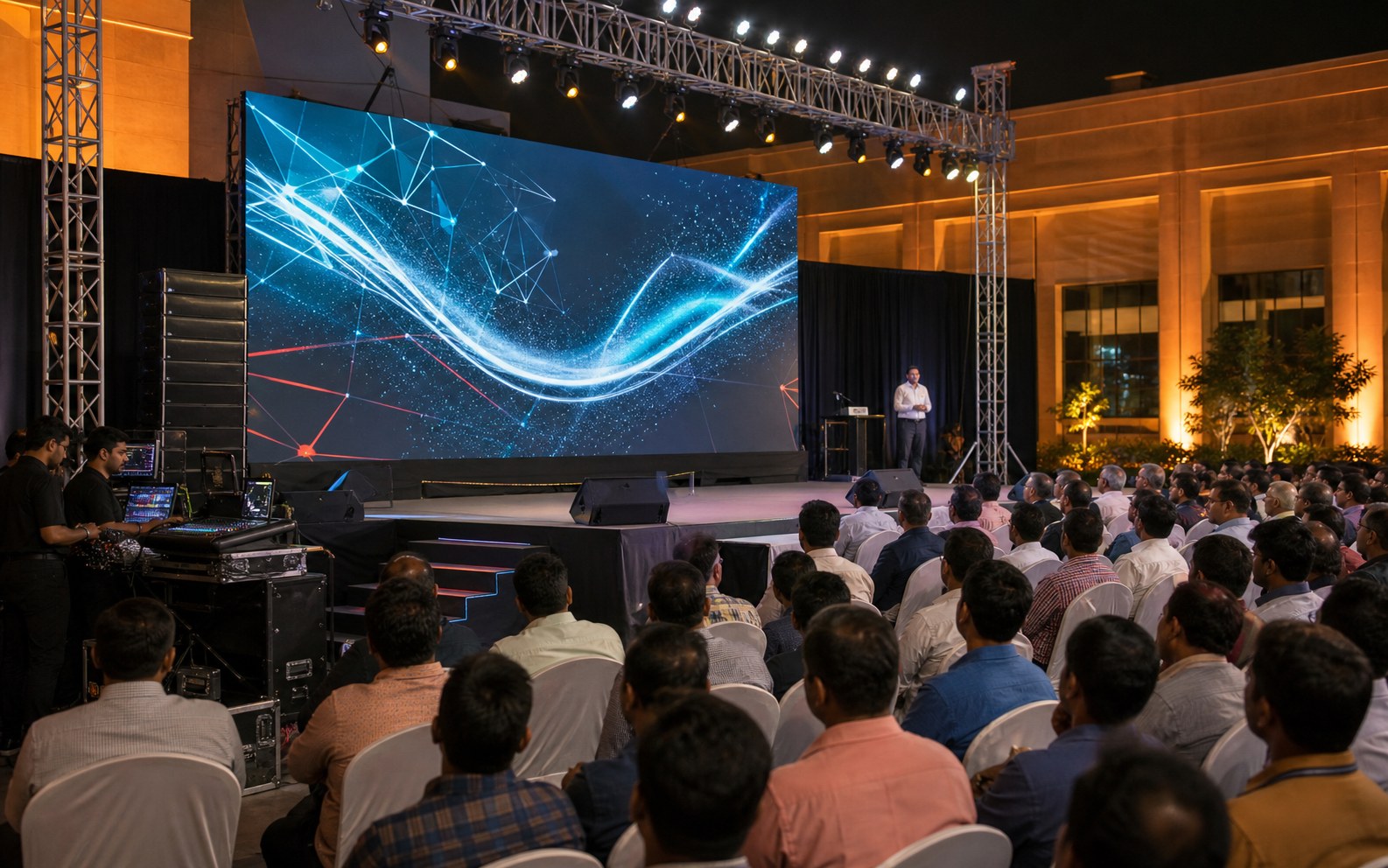 Indian event LED screen rental setup with audience and technicians