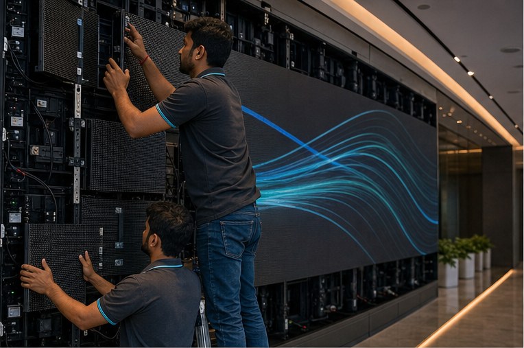 Indian technicians installing LED video wall modules