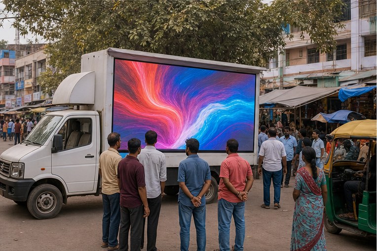 Mobile LED advertising van in an Indian commercial street