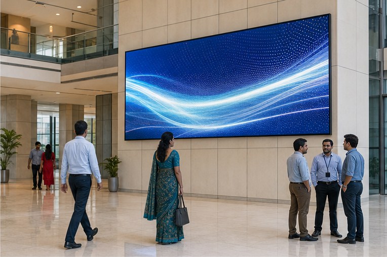 Premium LED video wall in an Indian institutional lobby